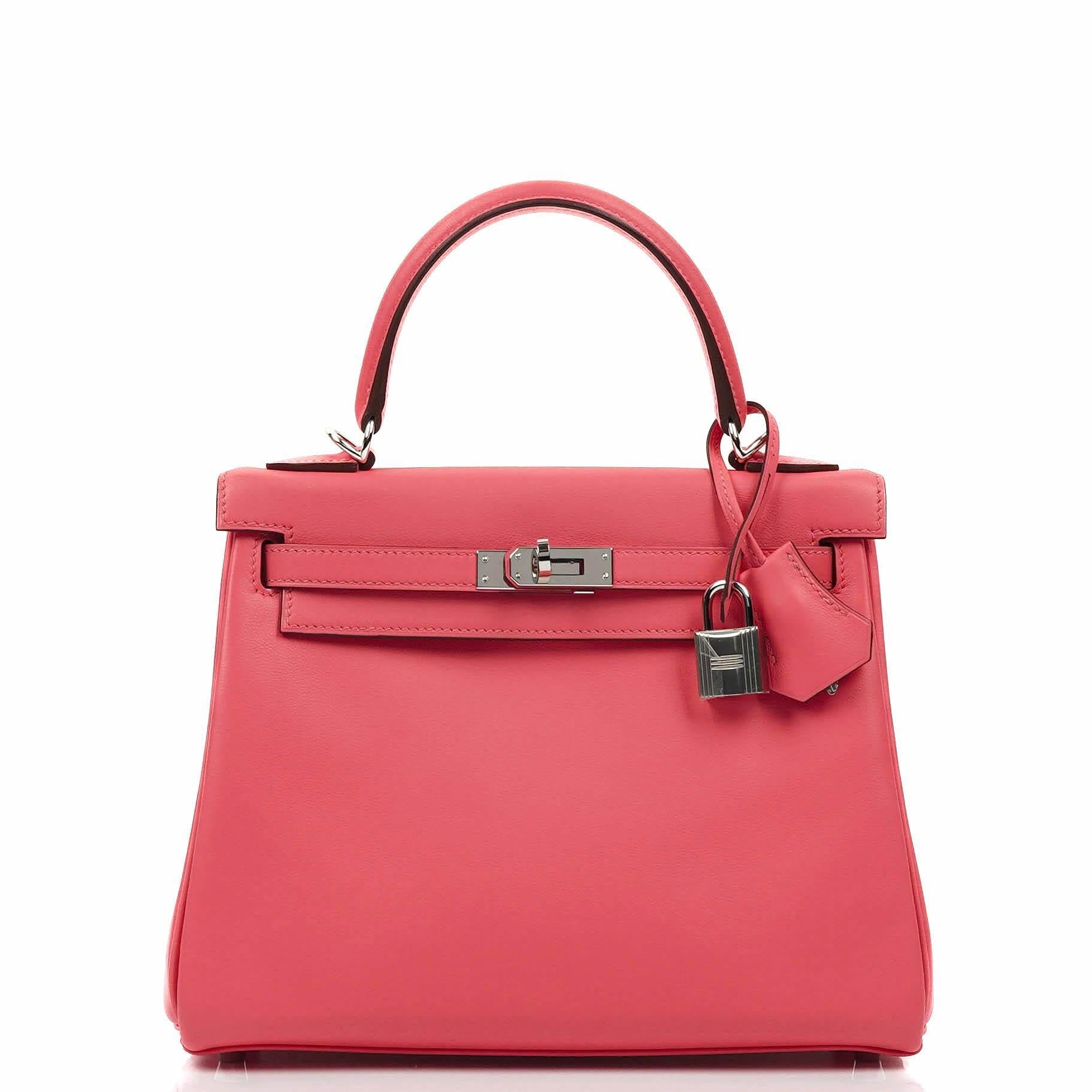 Hermes Kelly 25 Retourne Rose Azalee Swift Leder mit Palladium-Beschlägen