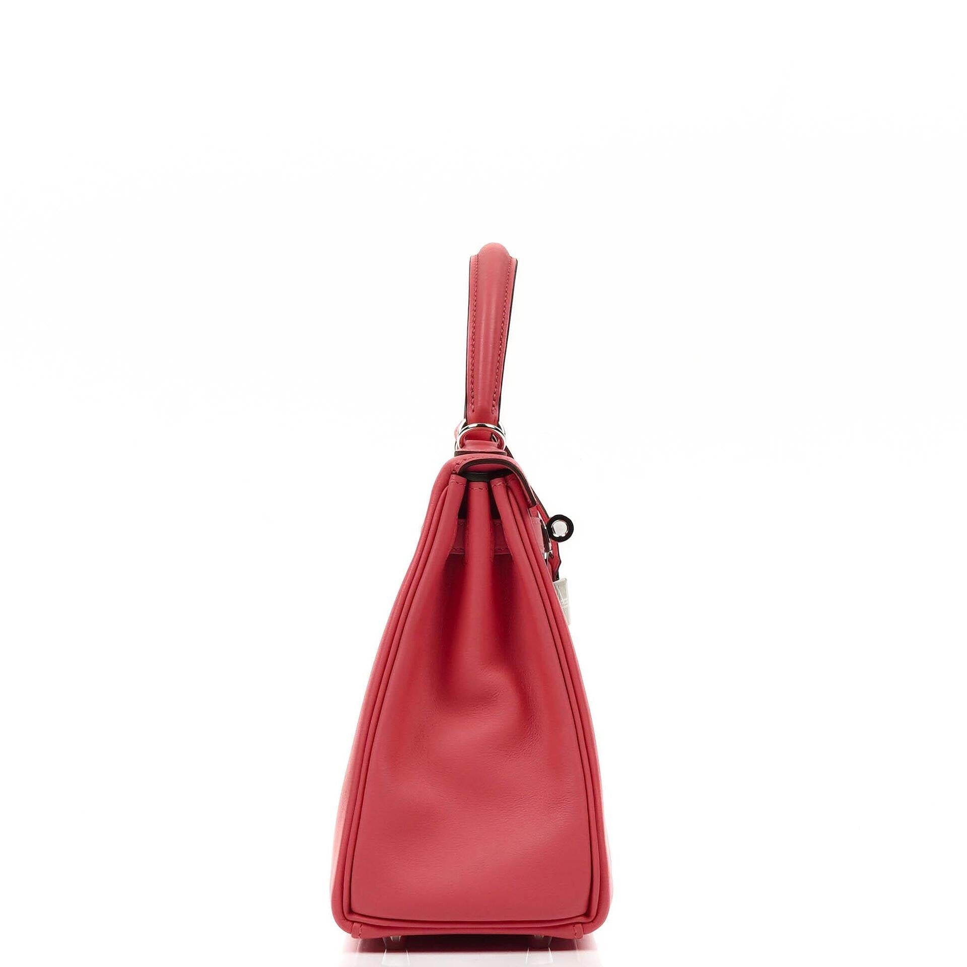Hermes Kelly 25 Retourne Rose Azalee Swift Leder mit Palladium-Beschlägen