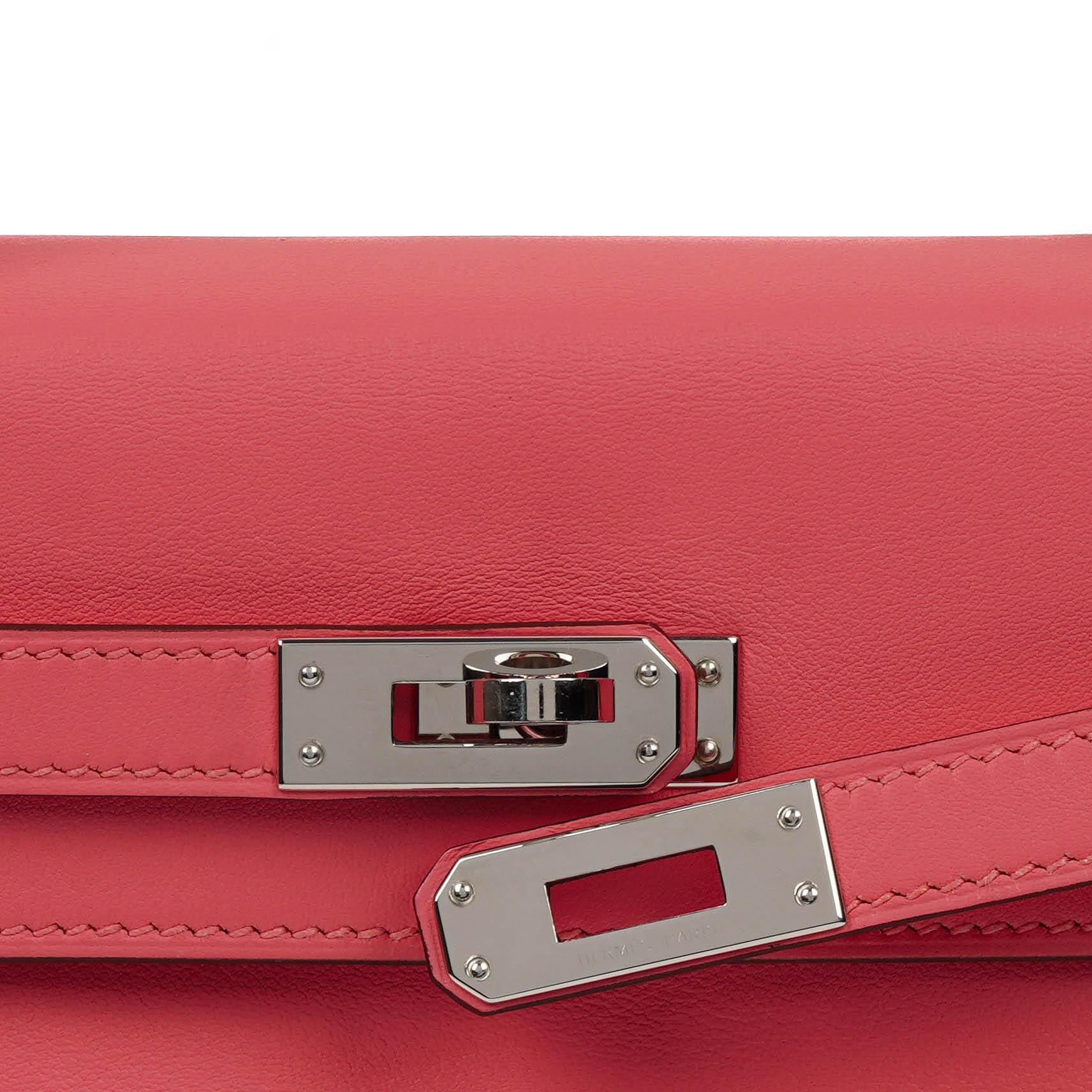 Hermes Kelly 25 Retourne Rose Azalee Swift Leder mit Palladium-Beschlägen