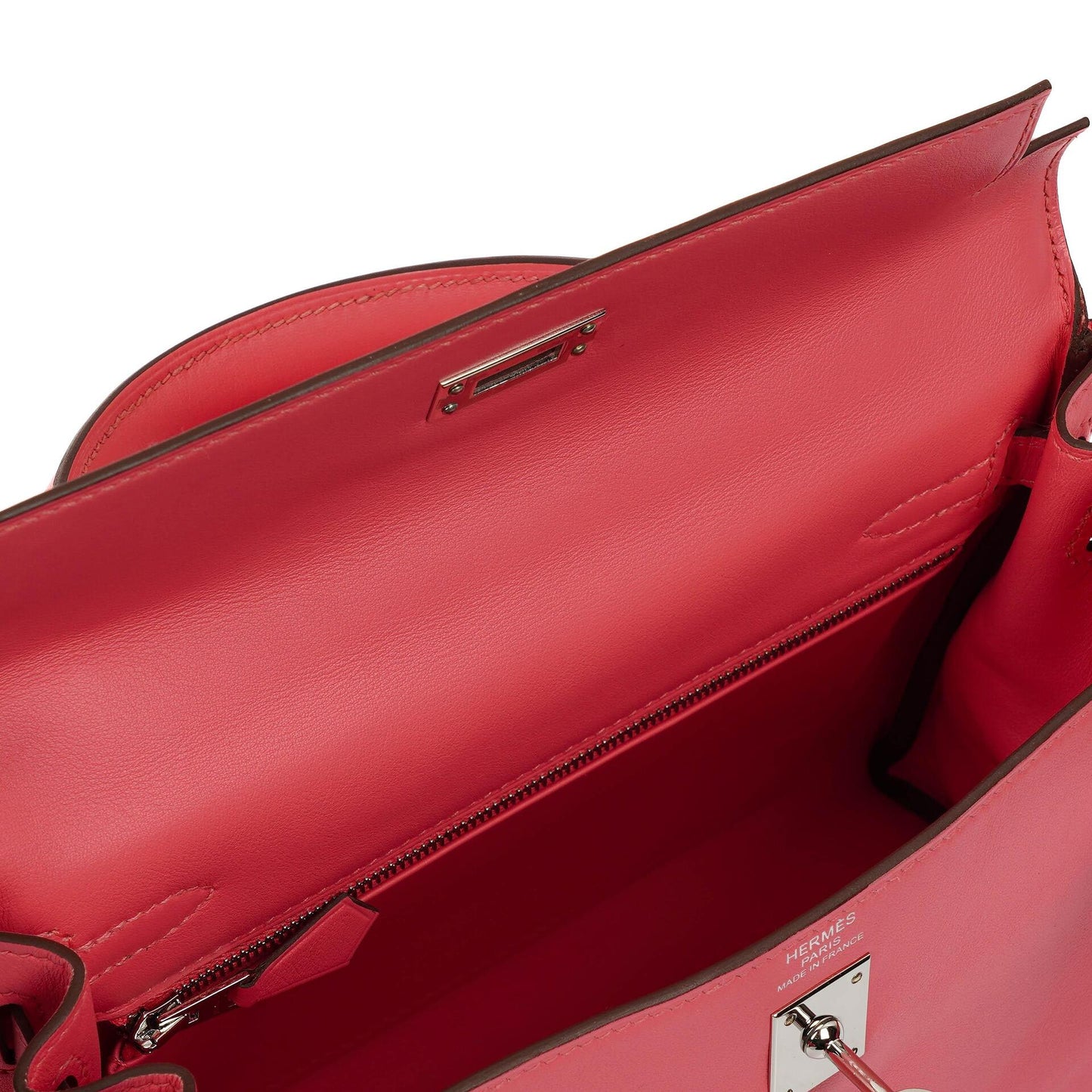 Hermes Kelly 25 Retourne Rose Azalee Swift Leder mit Palladium-Beschlägen