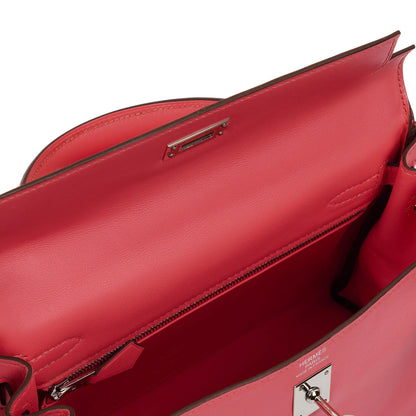Hermes Kelly 25 Retourne Rose Azalee Swift Leder mit Palladium-Beschlägen