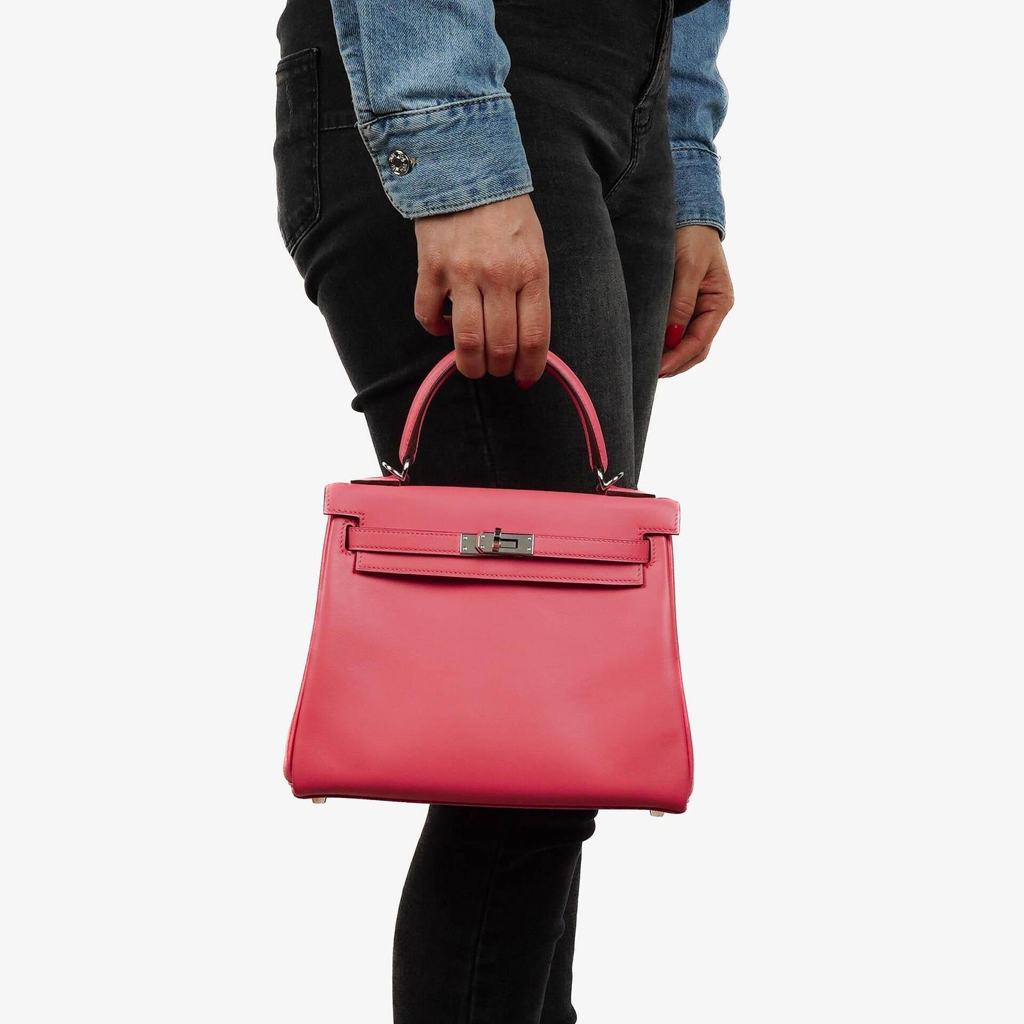Hermes Kelly 25 Retourne Rose Azalee Swift Leder mit Palladium-Beschlägen