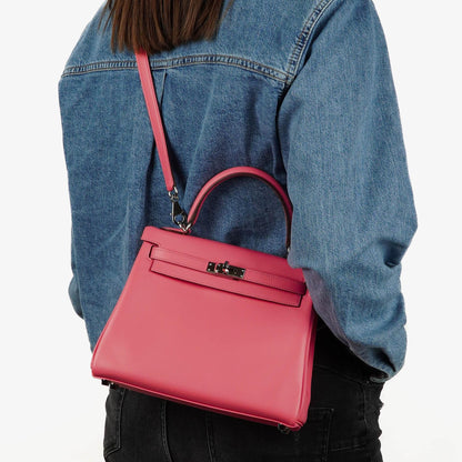 Hermes Kelly 25 Retourne Rose Azalee Swift Leder mit Palladium-Beschlägen