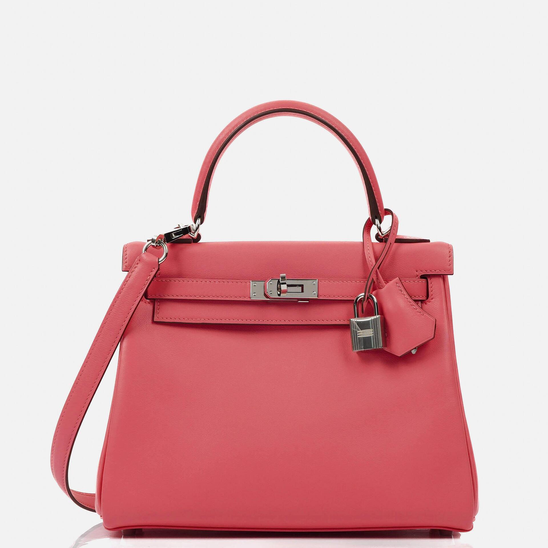 Hermes Kelly 25 Retourne Rose Azalee Swift Leder mit Palladium-Beschlägen