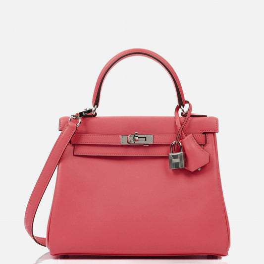 Hermes Kelly 25 Retourne Rose Azalee Swift Leder mit Palladium-Beschlägen