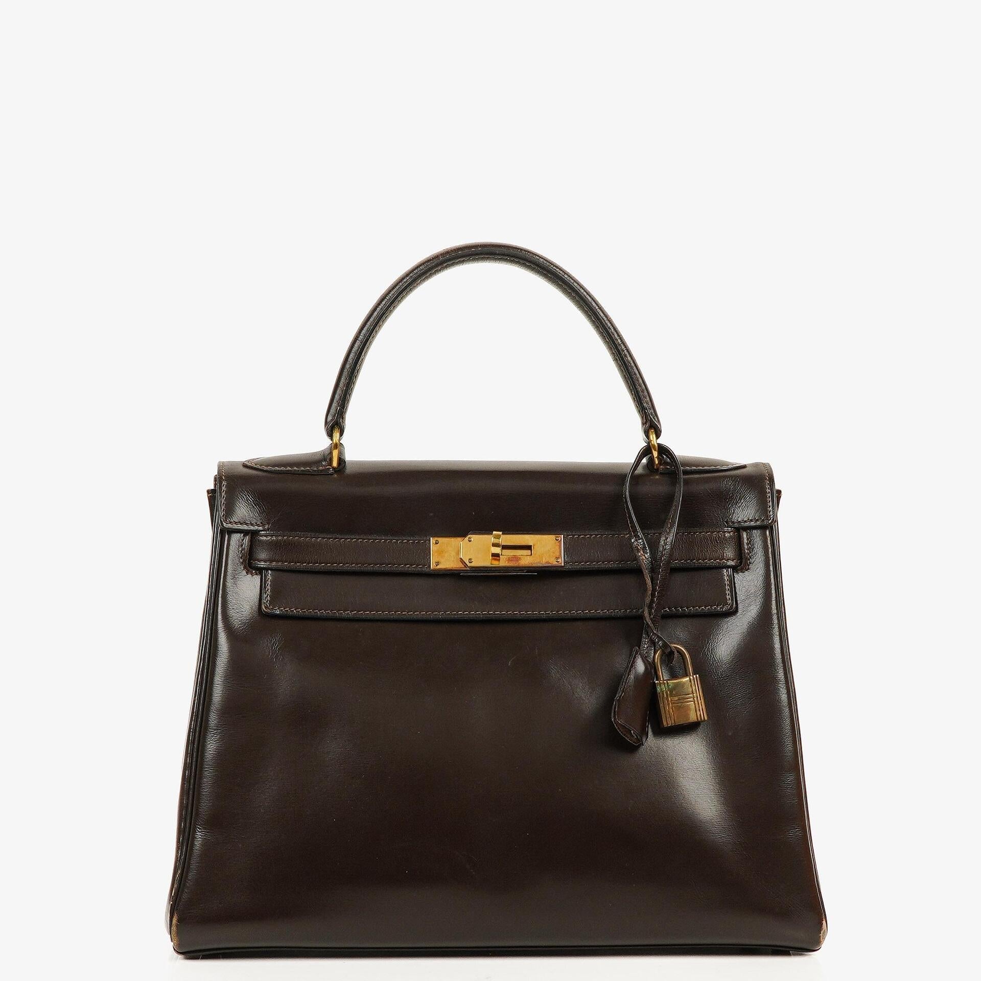 Hermès Kelly 28 Retourne Vintage aus Chocolate Box-Kalbsleder mit Goldbeschlägen, 1965