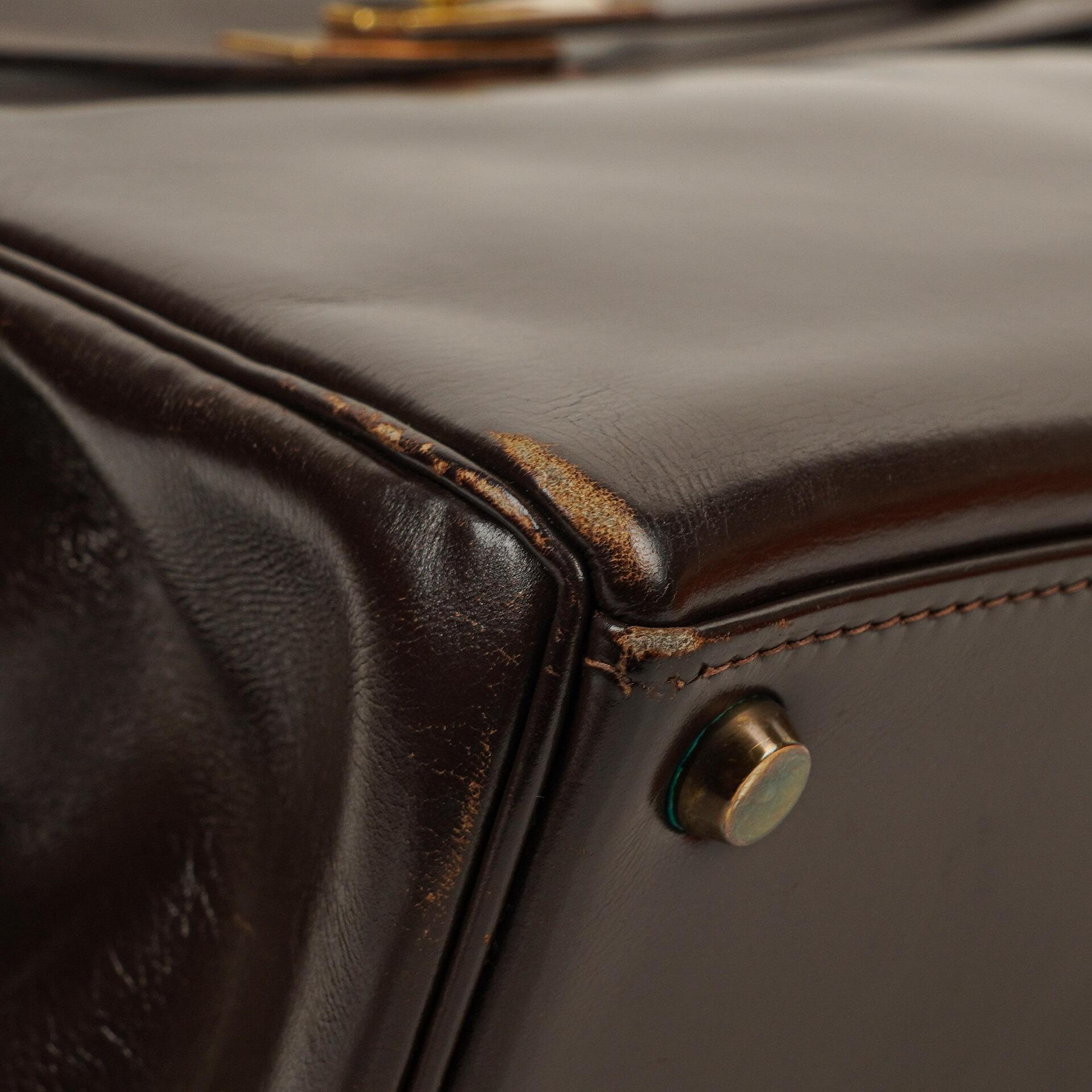 Hermès Kelly 28 Retourne Vintage aus Chocolate Box-Kalbsleder mit Goldbeschlägen, 1965