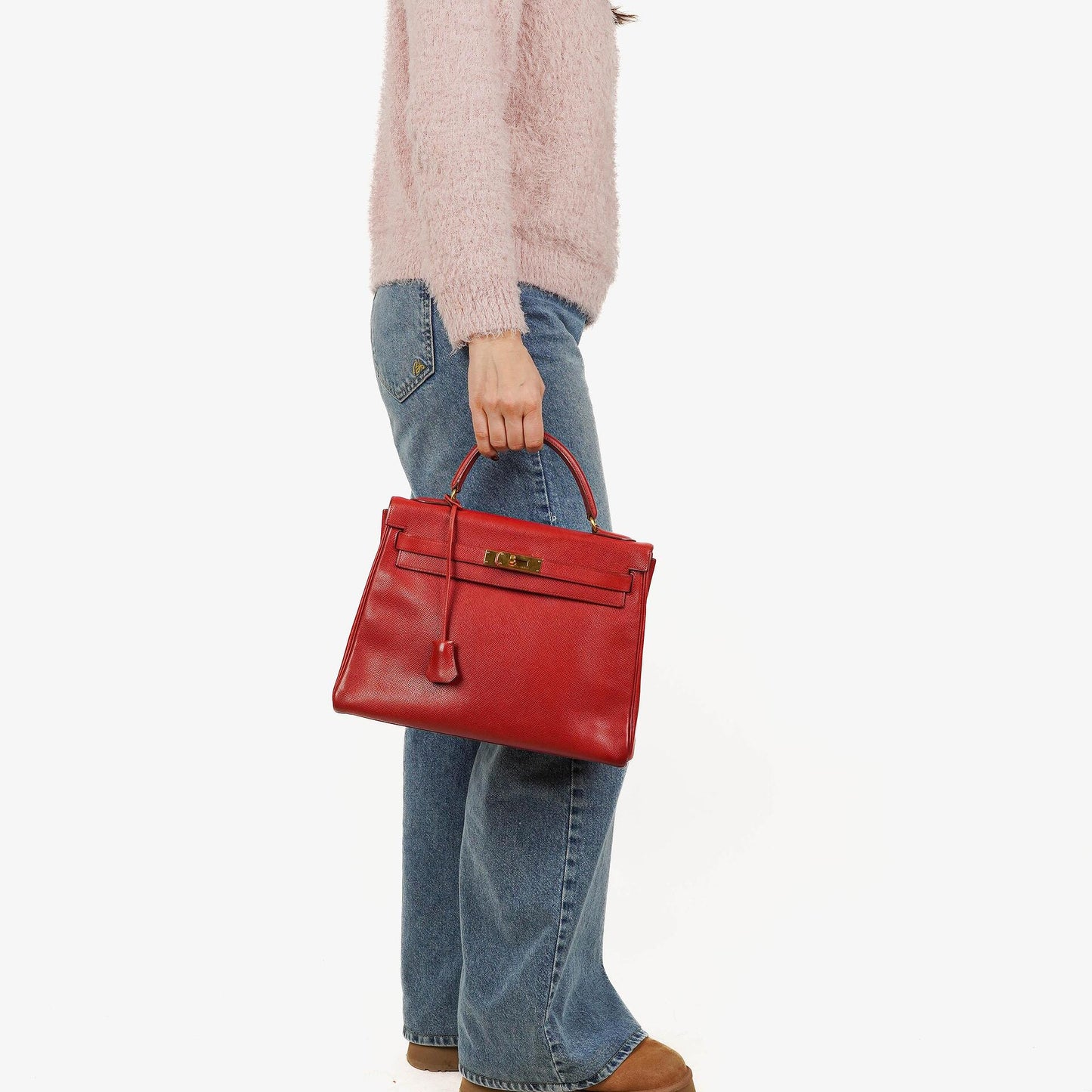 Hermès Kelly 32 Retourne in Rouge Vif mit Goldbeschlägen