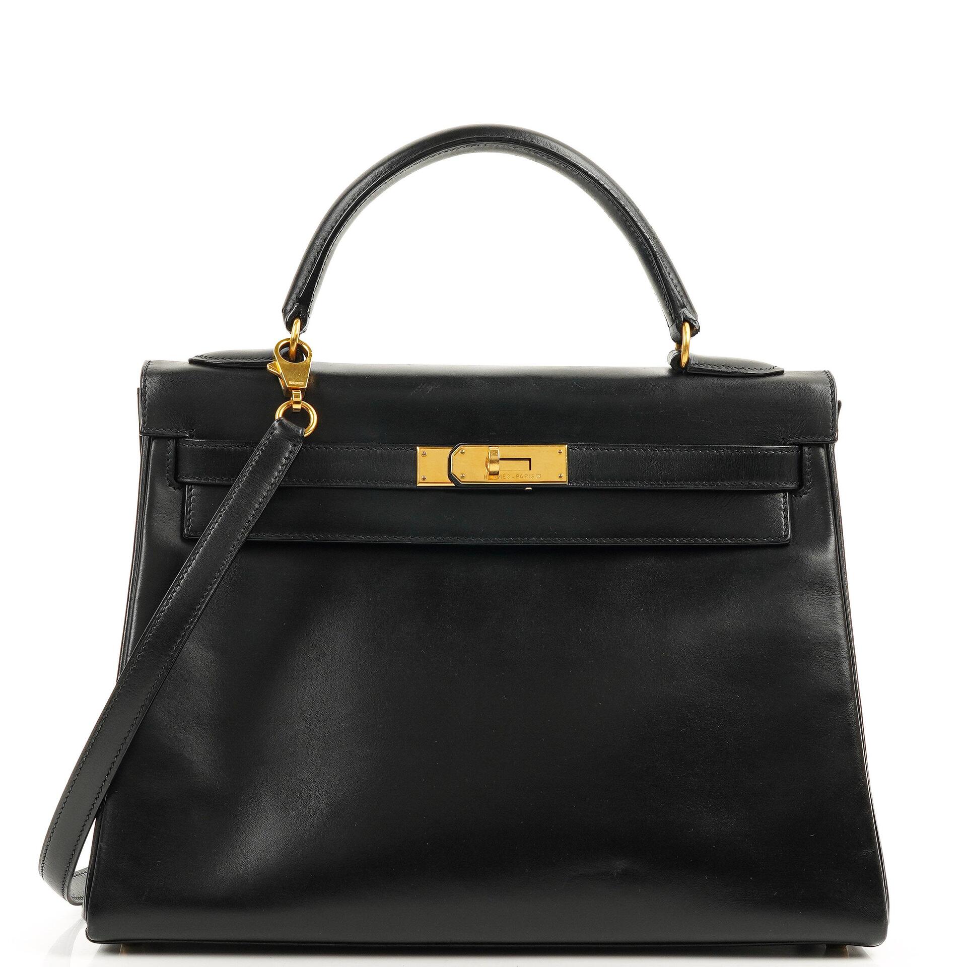 Hermes Kelly 32 Retourne Vintage Schwarz Box Kalbsleder Goldbeschläge 1997