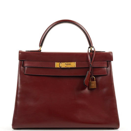 Hermes Kelly 32 Retourne Vintage Rouge H Box Kalbsleder Goldbeschläge 1983