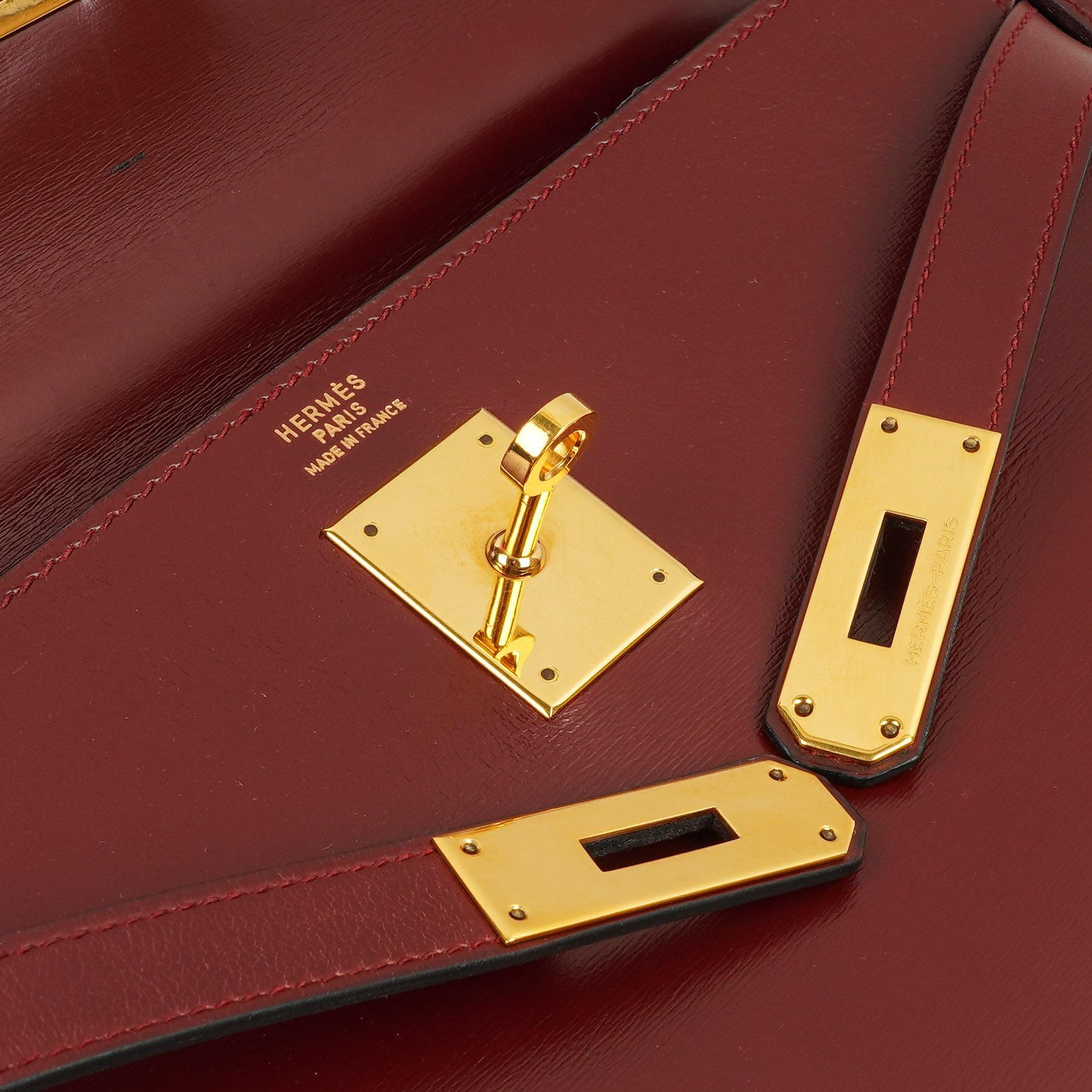 Hermes Kelly 32 Retourne Vintage Rouge H Box Kalbsleder Goldbeschläge 1983