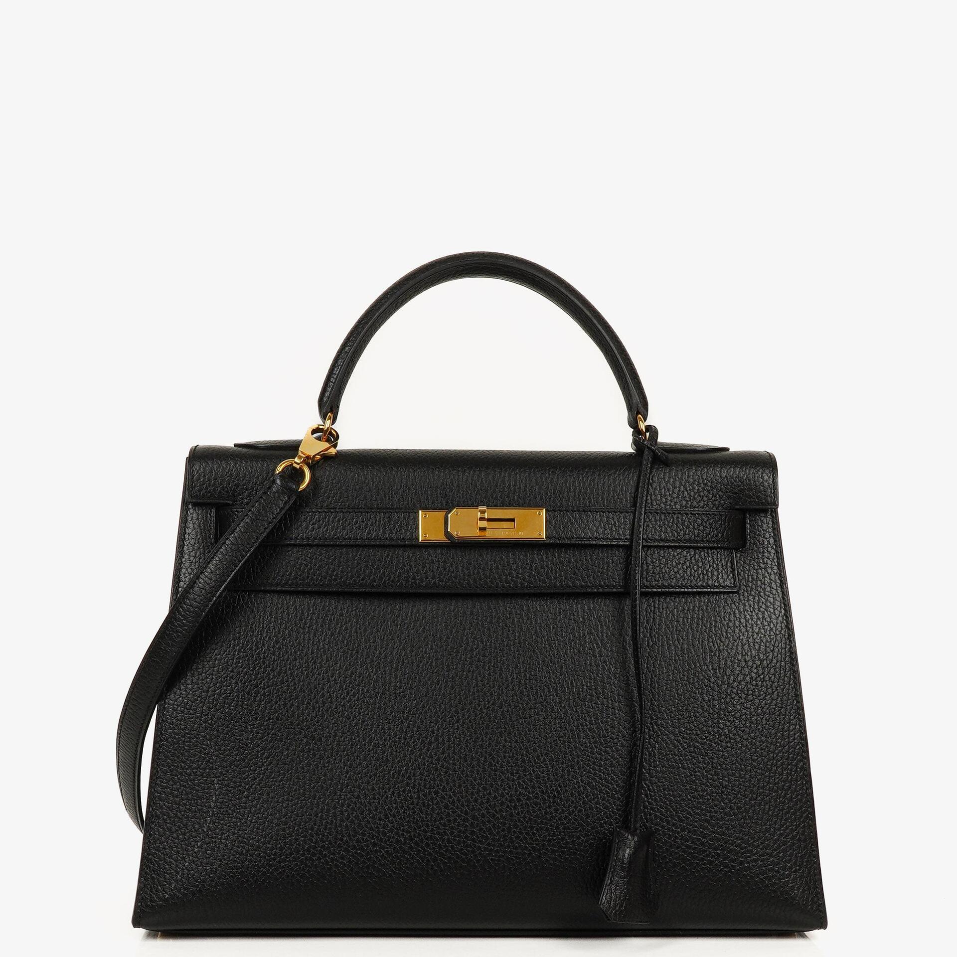 Hermès Kelly 32 Sellier Tasche in Schwarz aus Ardennes mit Goldbeschlägen, 1996