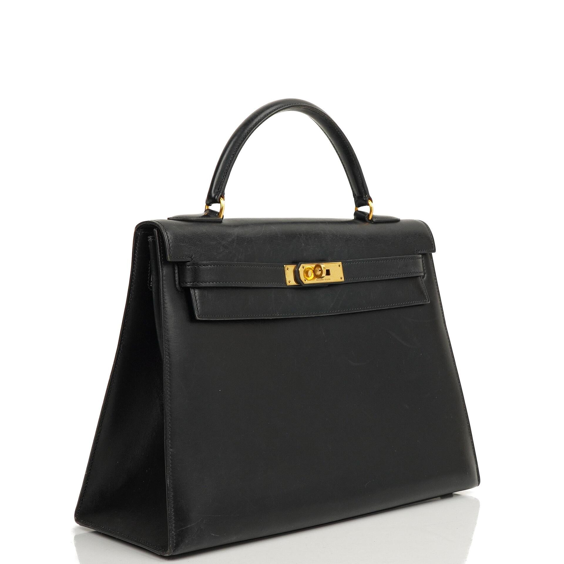 Hermès Kelly 32 Sellier Schwarz Box Kalbsleder Gold Hardware, 1979