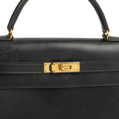 Hermès Kelly 32 Sellier Schwarz Box Kalbsleder Gold Hardware, 1979