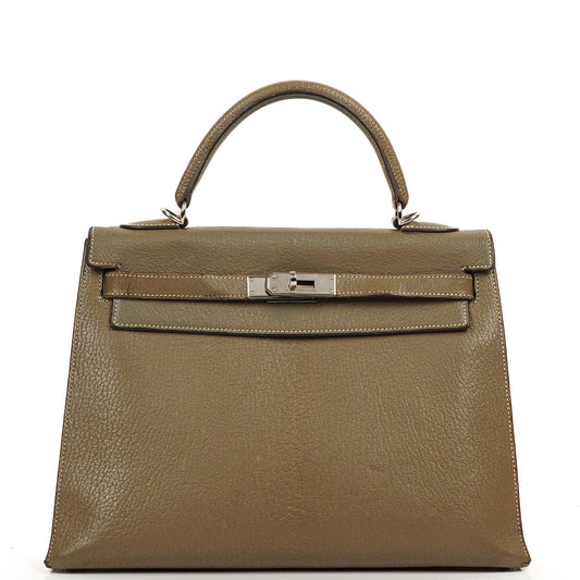 Hermes Kelly 32 Sellier Étoupe Ziegenleder Mysore Palladium Beschläge, 2006