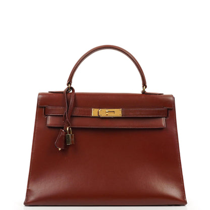 Hermès Kelly 32 Sellier Rouge H Box Kalbsleder Gold Hardware, 1983