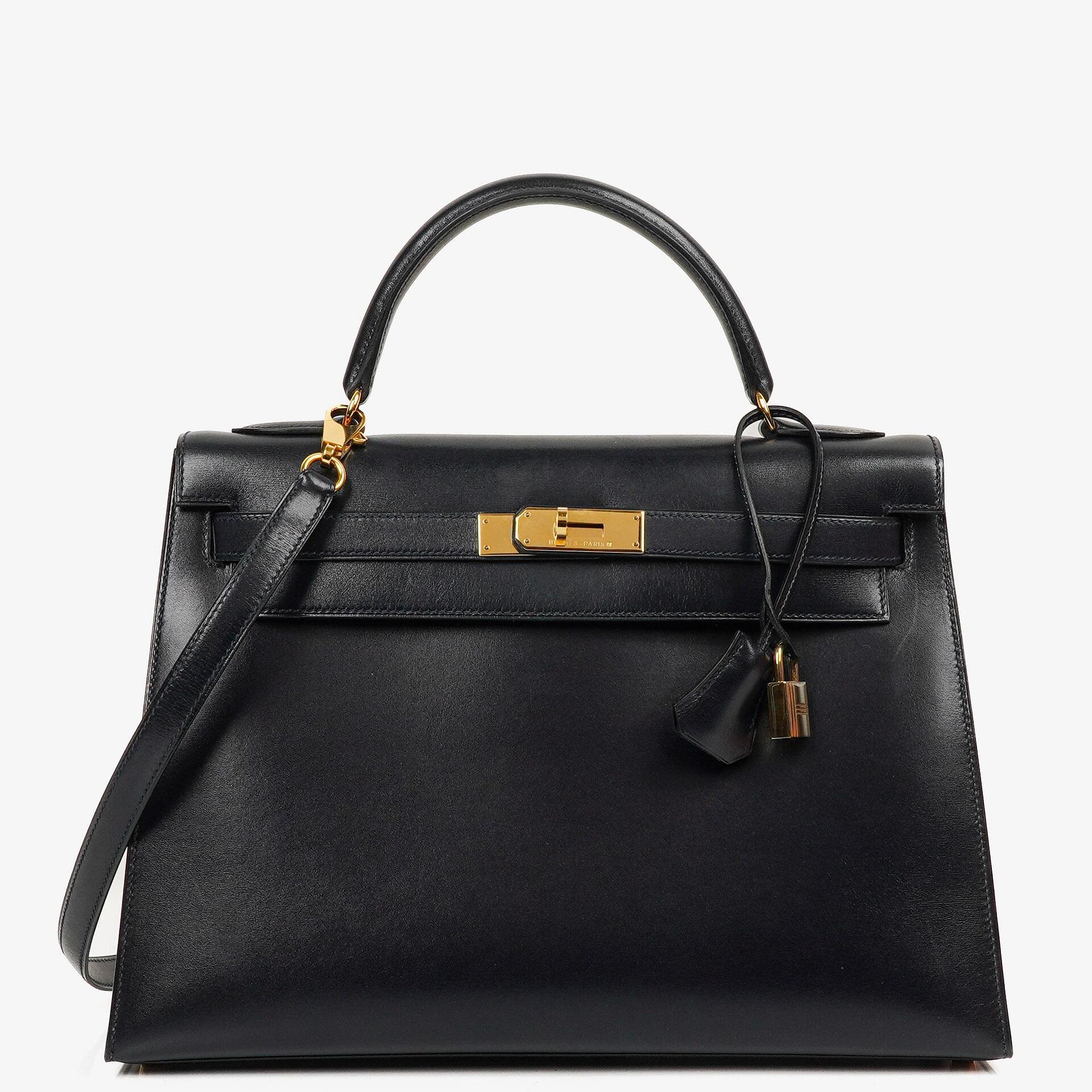 Hermès Kelly 32 Sellier Vintage Bleu Marine Box Kalb mit Goldbeschlägen 1995
