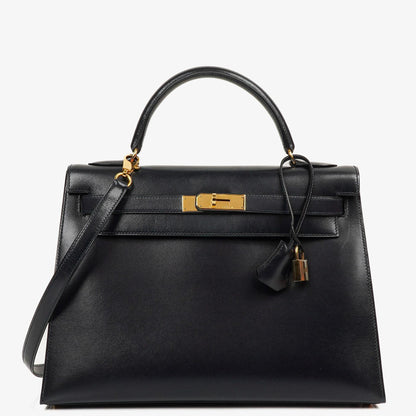 Hermès Kelly 32 Sellier Vintage Bleu Marine Box Kalb mit Goldbeschlägen 1995