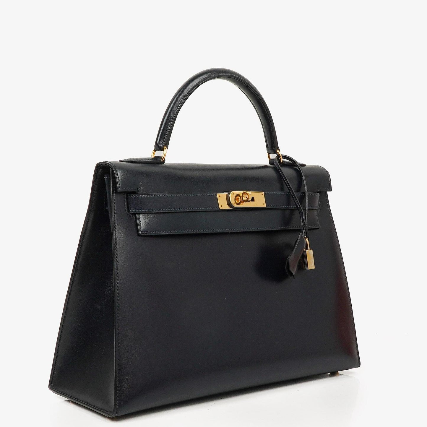 Hermès Kelly 32 Sellier Vintage Bleu Marine Box Kalb mit Goldbeschlägen 1995