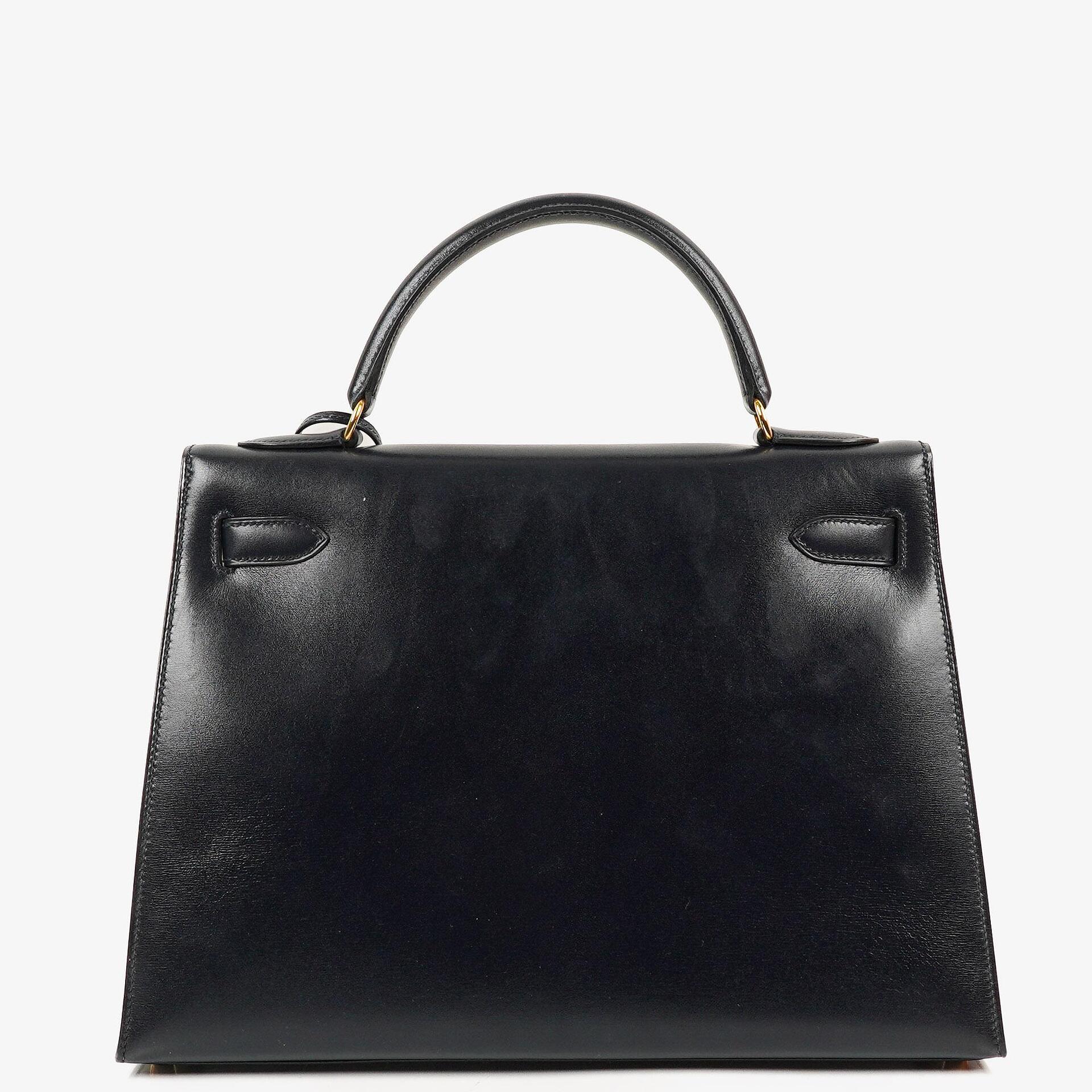 Hermès Kelly 32 Sellier Vintage Bleu Marine Box Kalb mit Goldbeschlägen 1995