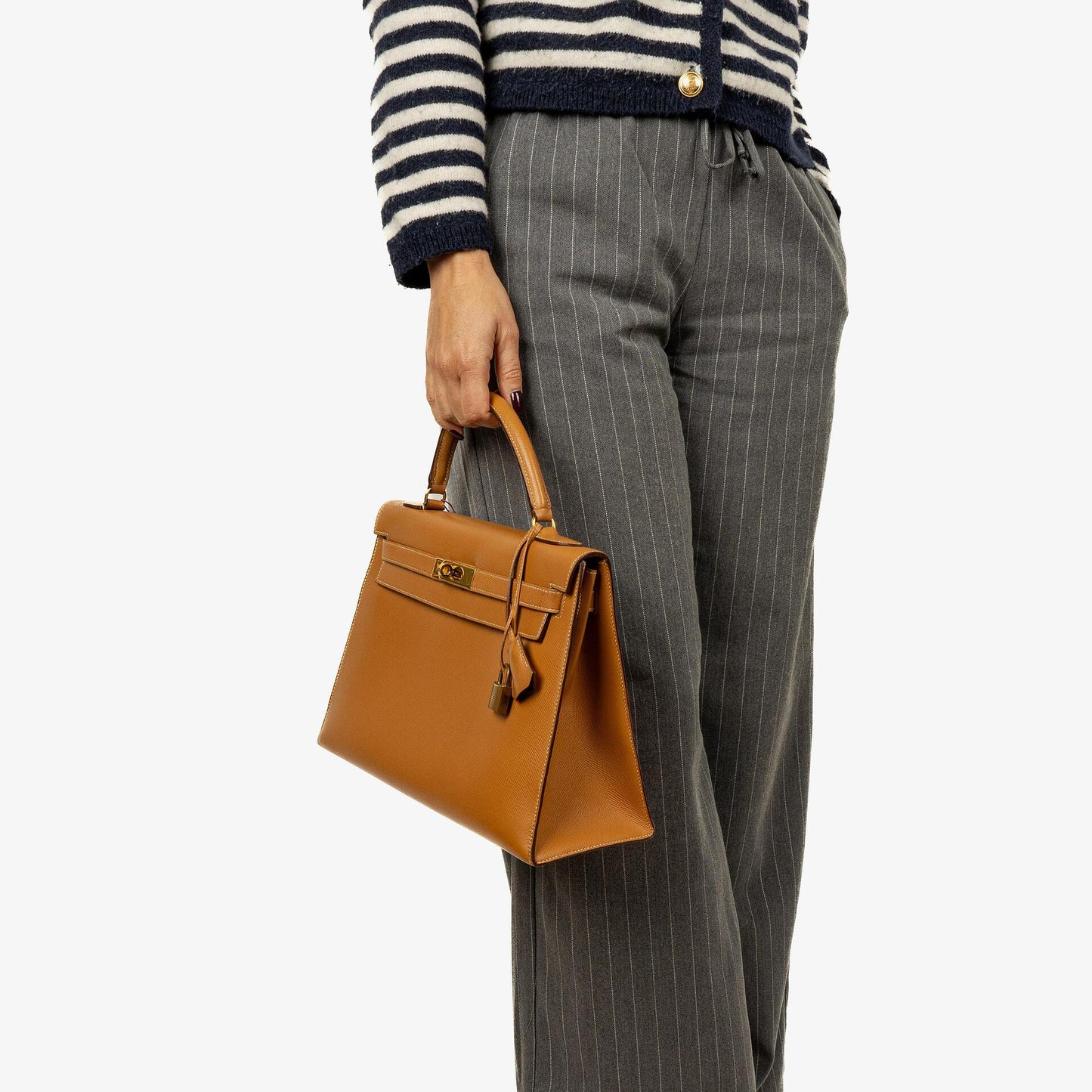 Hermès Kelly 32 Sellier Vintage aus Gold Courchevel Leder mit Gold Hardware, 1990