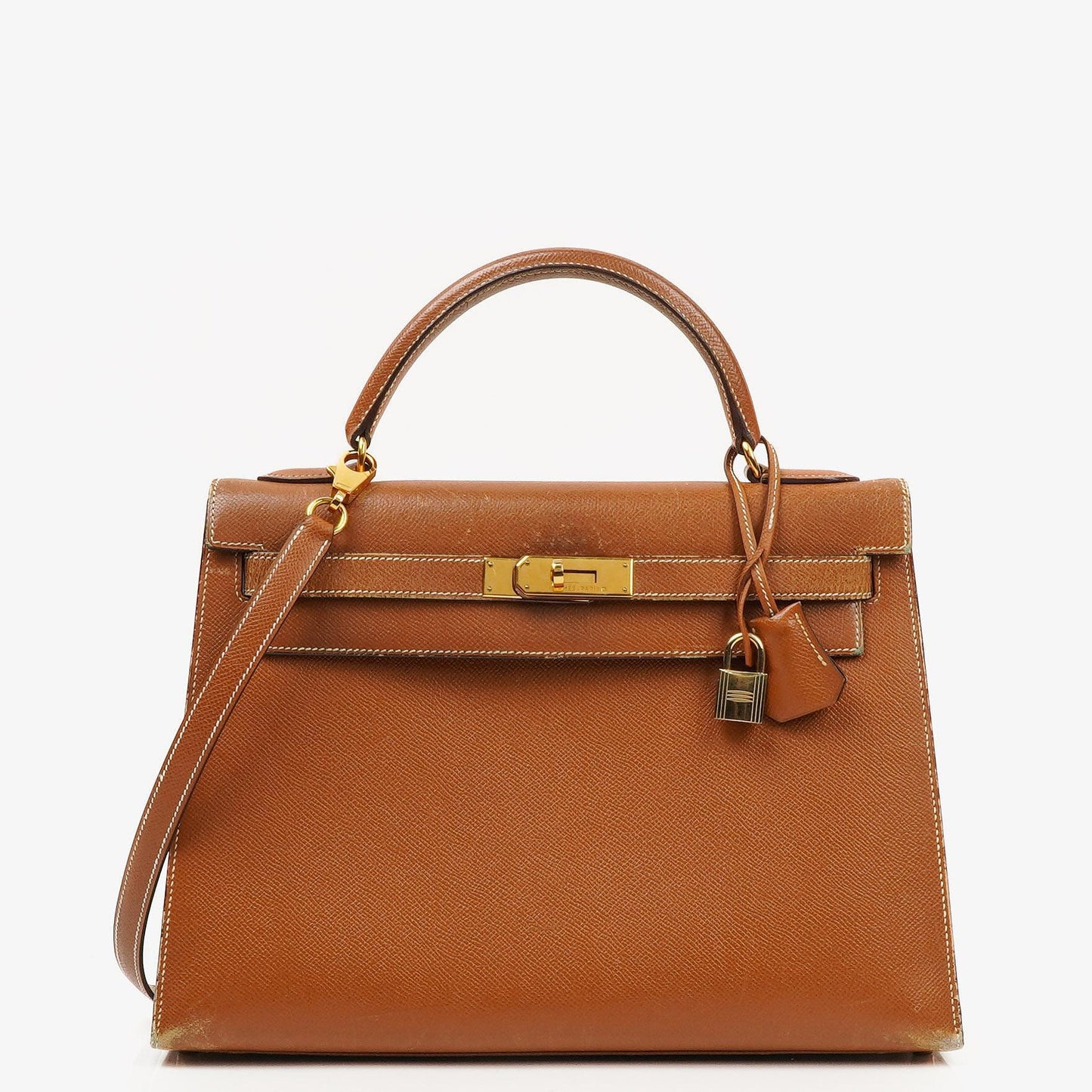 Hermès Kelly 32 Sellier Vintage aus Courchevel-Leder in Gold mit Goldbeschlägen, 1998