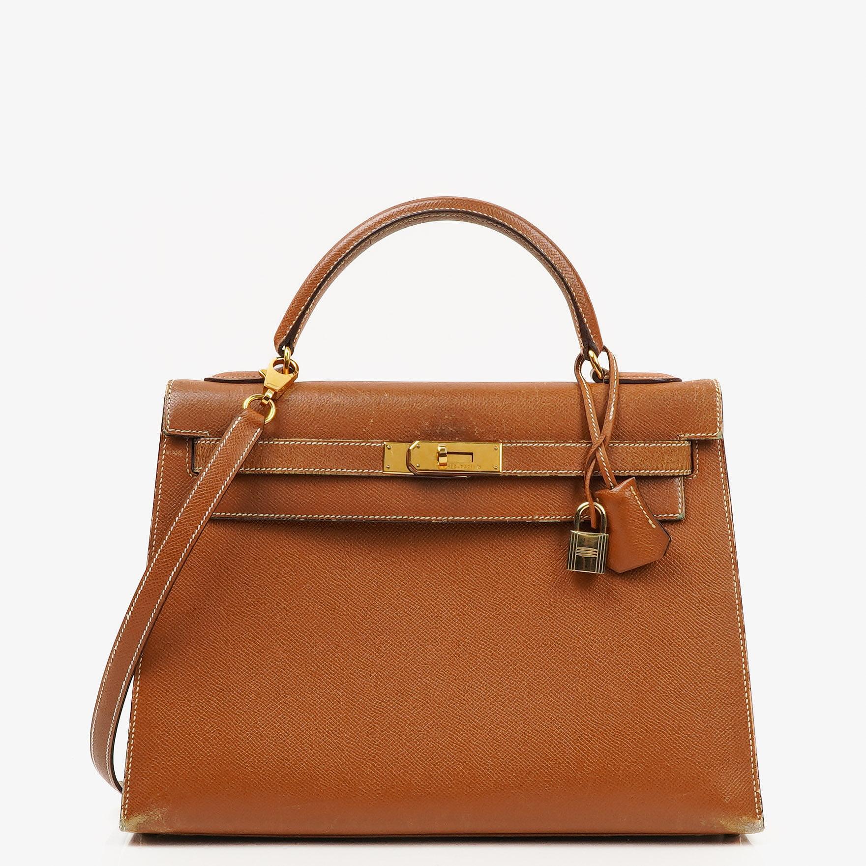 Hermès Kelly 32 Sellier Vintage aus Courchevel-Leder in Gold mit Goldbeschlägen, 1998