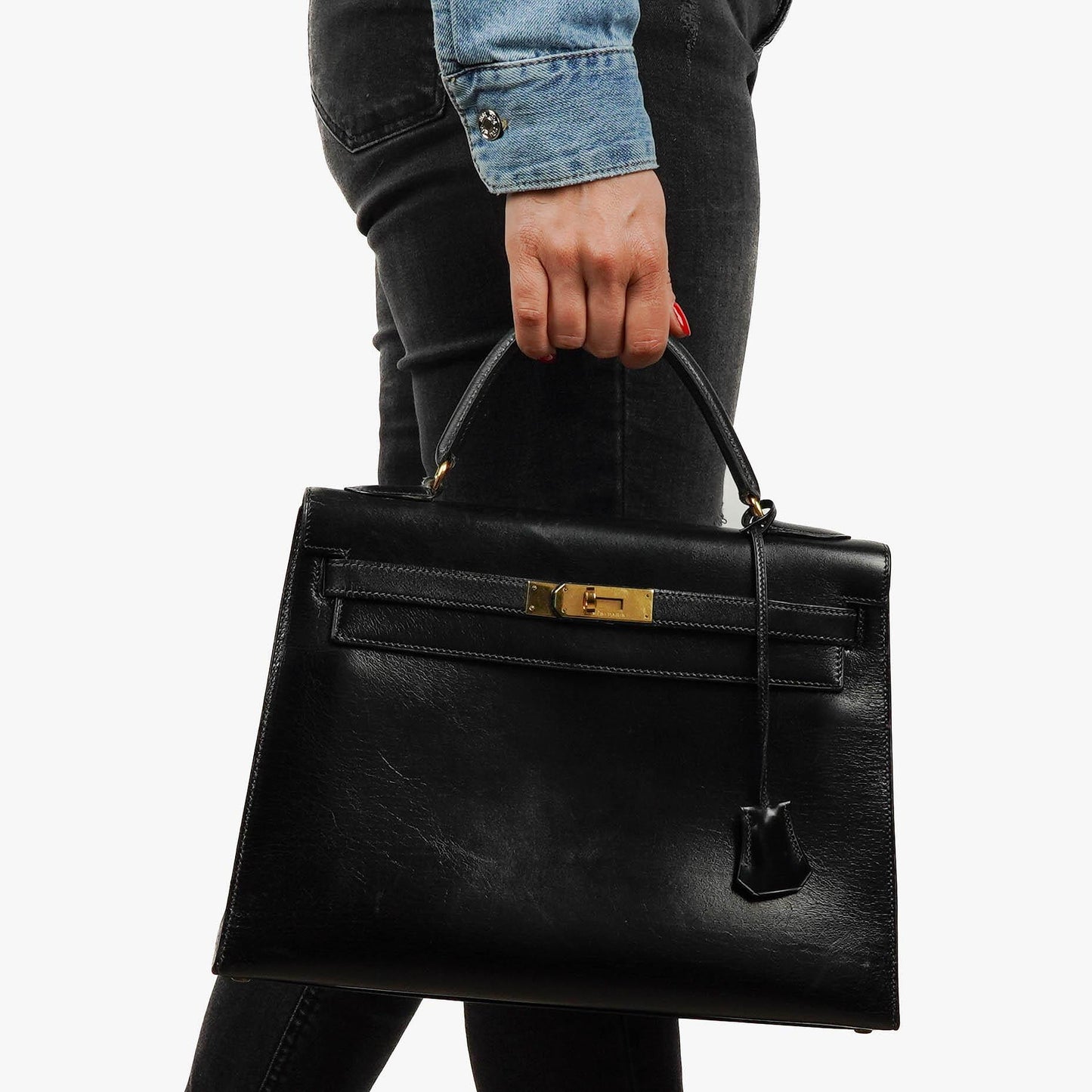 Hermes Kelly 32 Sellier Vintage Box Kalbsleder Schwarz mit Gold Hardware