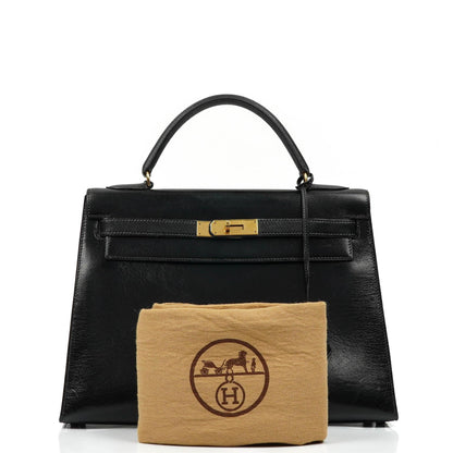 Hermes Kelly 32 Sellier Vintage Box Kalbsleder Schwarz mit Gold Hardware