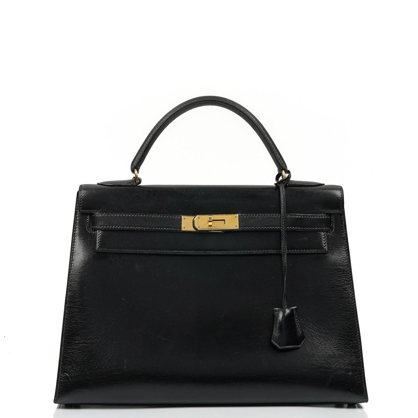 Hermes Kelly 32 Sellier Vintage Box Kalbsleder Schwarz mit Gold Hardware