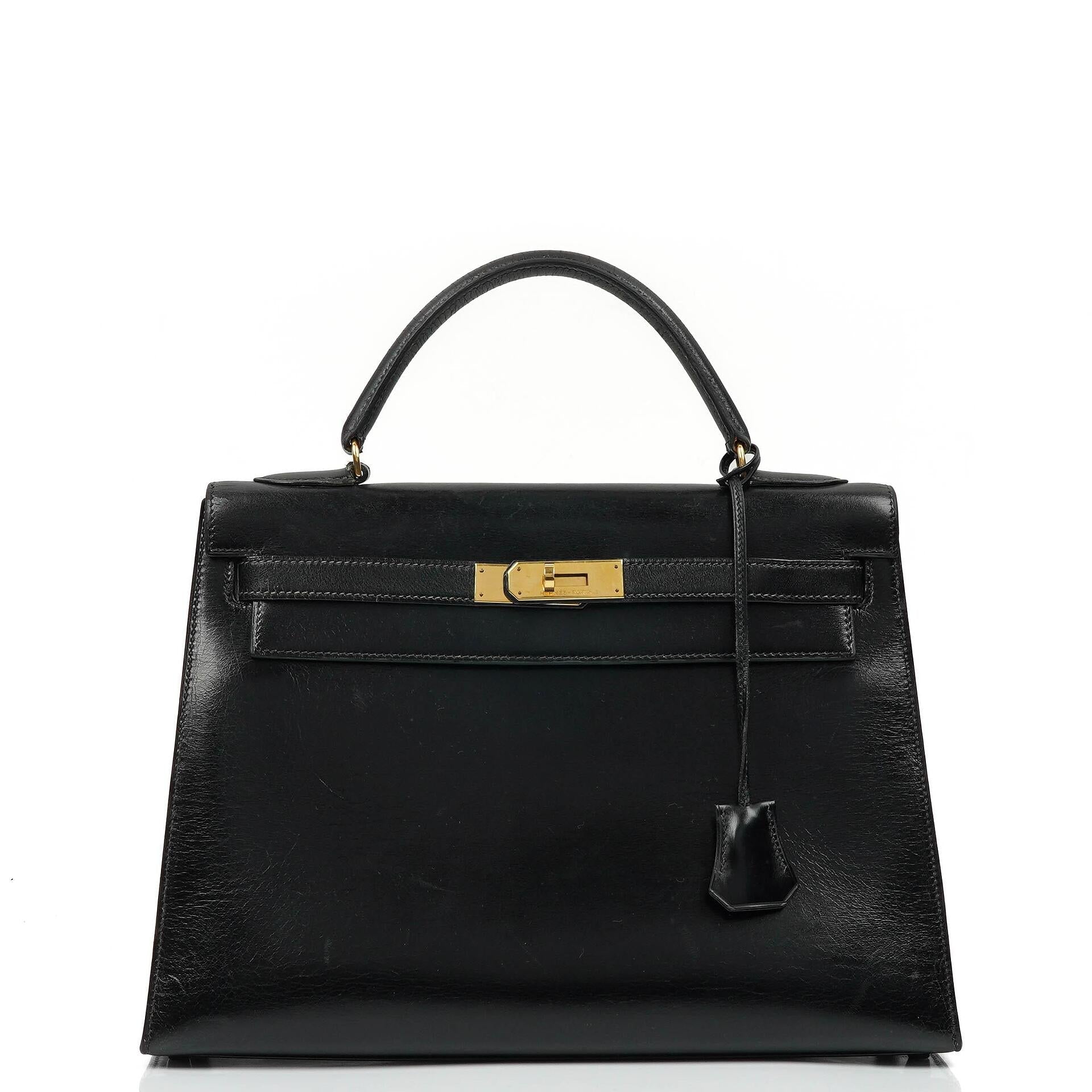 Hermes Kelly 32 Sellier Vintage Box Kalbsleder Schwarz mit Gold Hardware