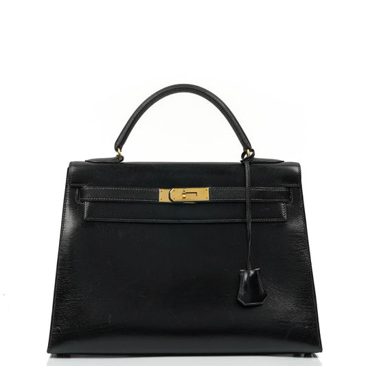 Hermes Kelly 32 Sellier Vintage Box Kalbsleder Schwarz mit Gold Hardware