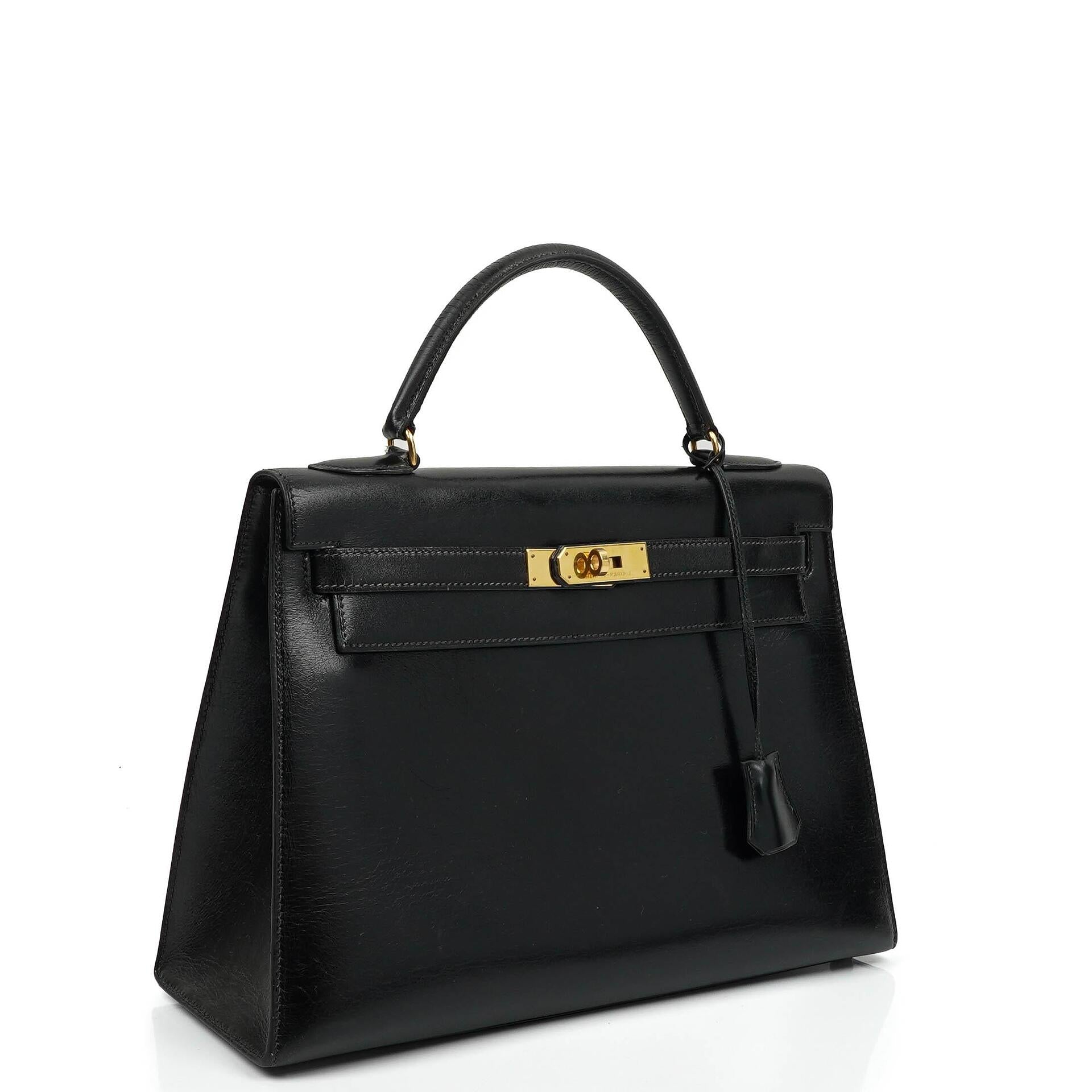 Hermes Kelly 32 Sellier Vintage Box Kalbsleder Schwarz mit Gold Hardware