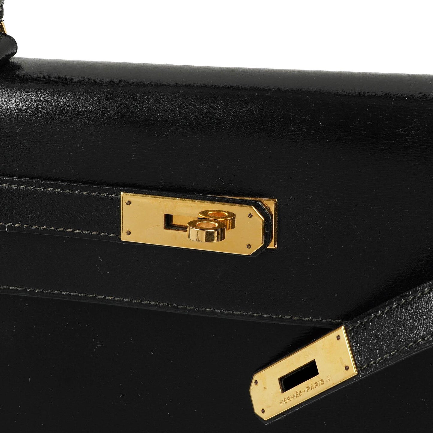 Hermes Kelly 32 Sellier Vintage Box Kalbsleder Schwarz mit Gold Hardware