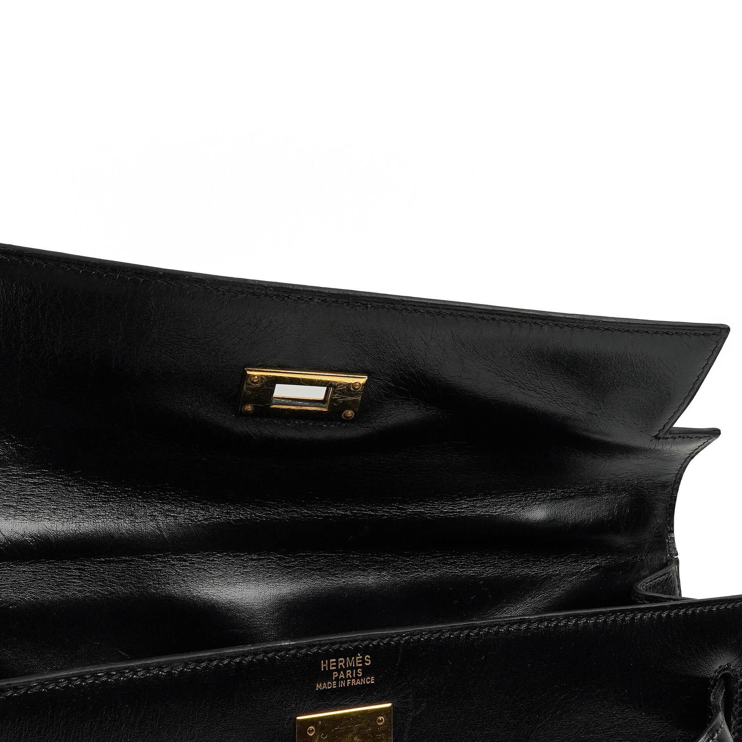 Hermes Kelly 32 Sellier Vintage Box Kalbsleder Schwarz mit Gold Hardware