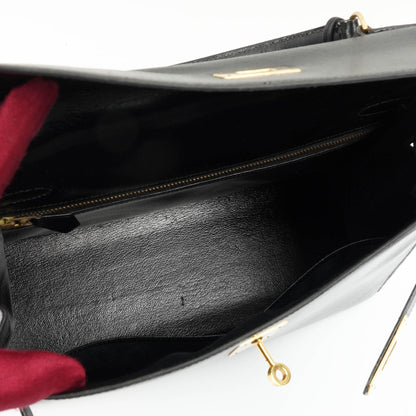 Hermes Kelly 32 Sellier Vintage Box Kalbsleder Schwarz mit Gold Hardware