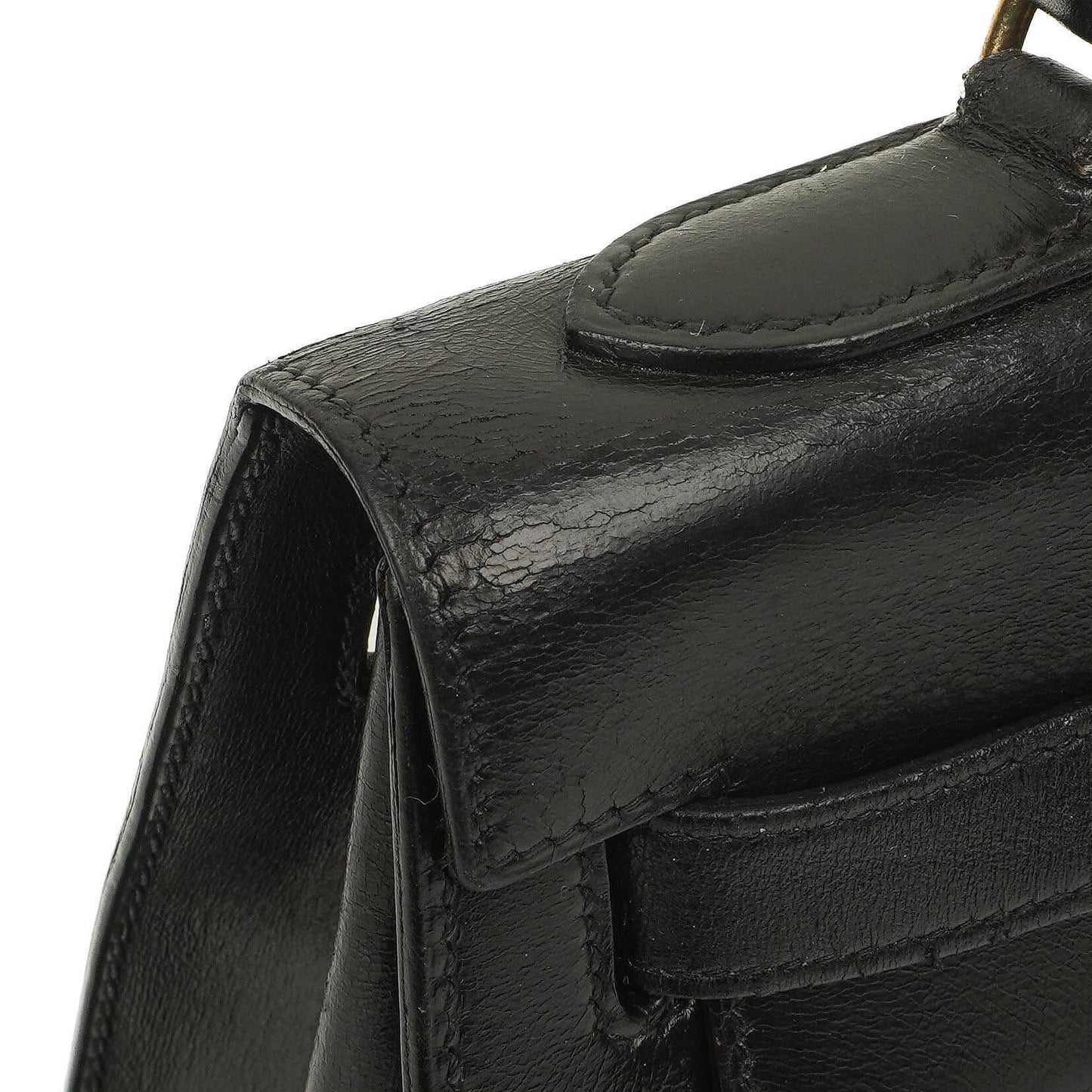 Hermès Kelly 32 Vintage Sellier aus schwarzem Boxcalf mit goldfarbener Hardware, 1987