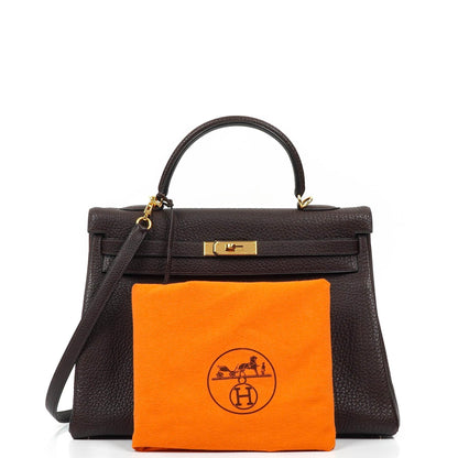Hermès Kelly 35 Retourne Marron Fonce Fjord Leder mit Goldbeschlägen