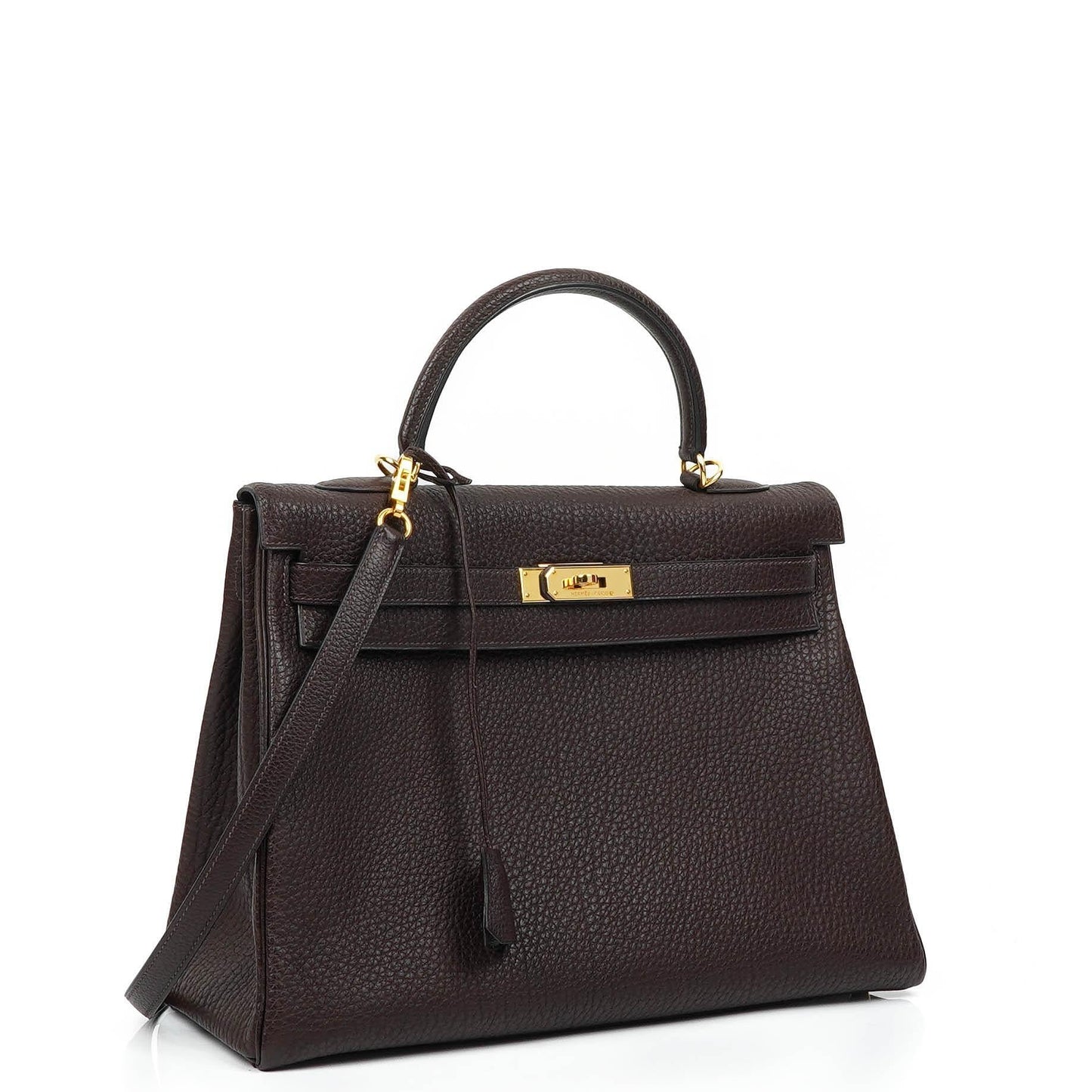 Hermès Kelly 35 Retourne Marron Fonce Fjord Leder mit Goldbeschlägen