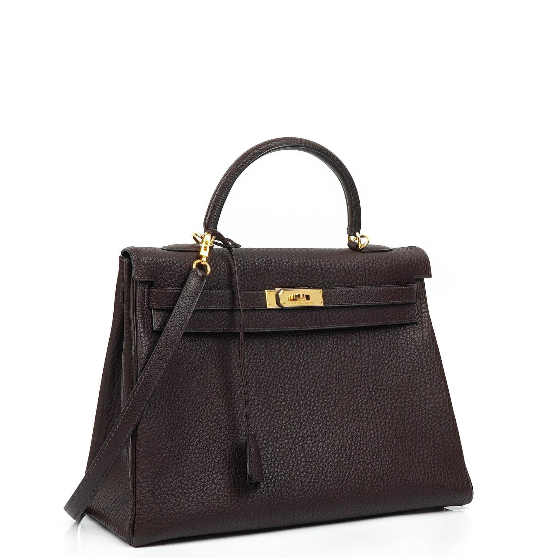 Hermès Kelly 35 Retourne Marron Fonce Fjord Leder mit Goldbeschlägen