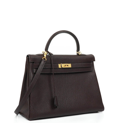 Hermès Kelly 35 Retourne Marron Fonce Fjord Leder mit Goldbeschlägen