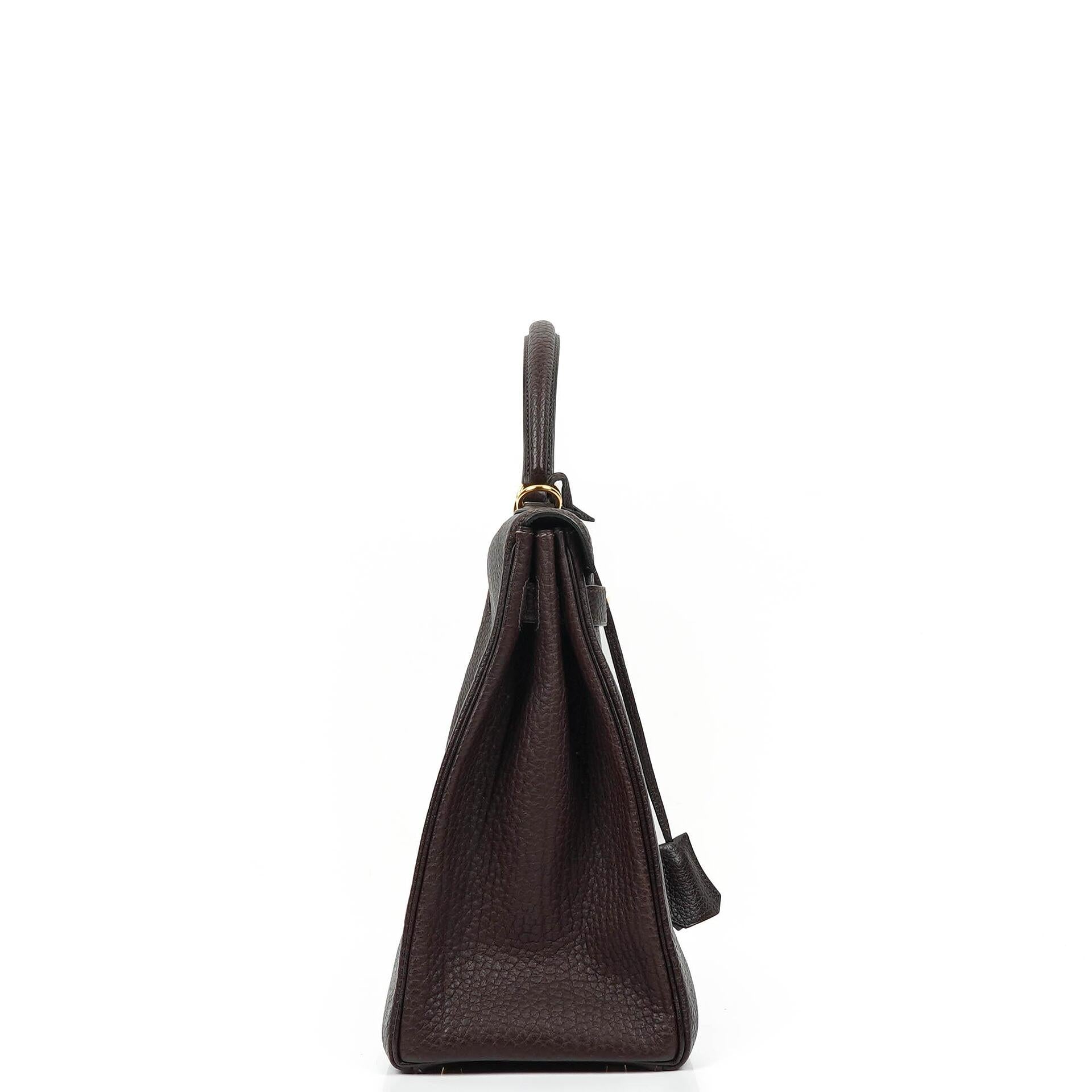 Hermès Kelly 35 Retourne Marron Fonce Fjord Leder mit Goldbeschlägen