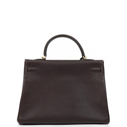 Hermès Kelly 35 Retourne Marron Fonce Fjord Leder mit Goldbeschlägen