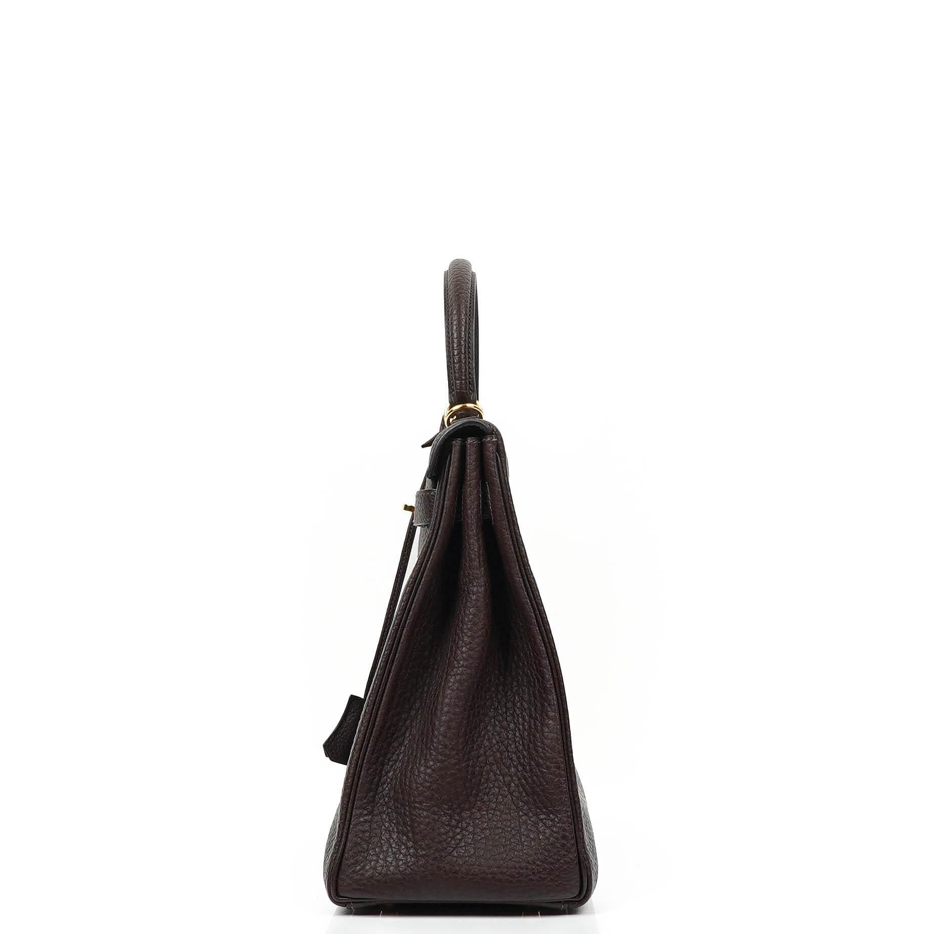Hermès Kelly 35 Retourne Marron Fonce Fjord Leder mit Goldbeschlägen