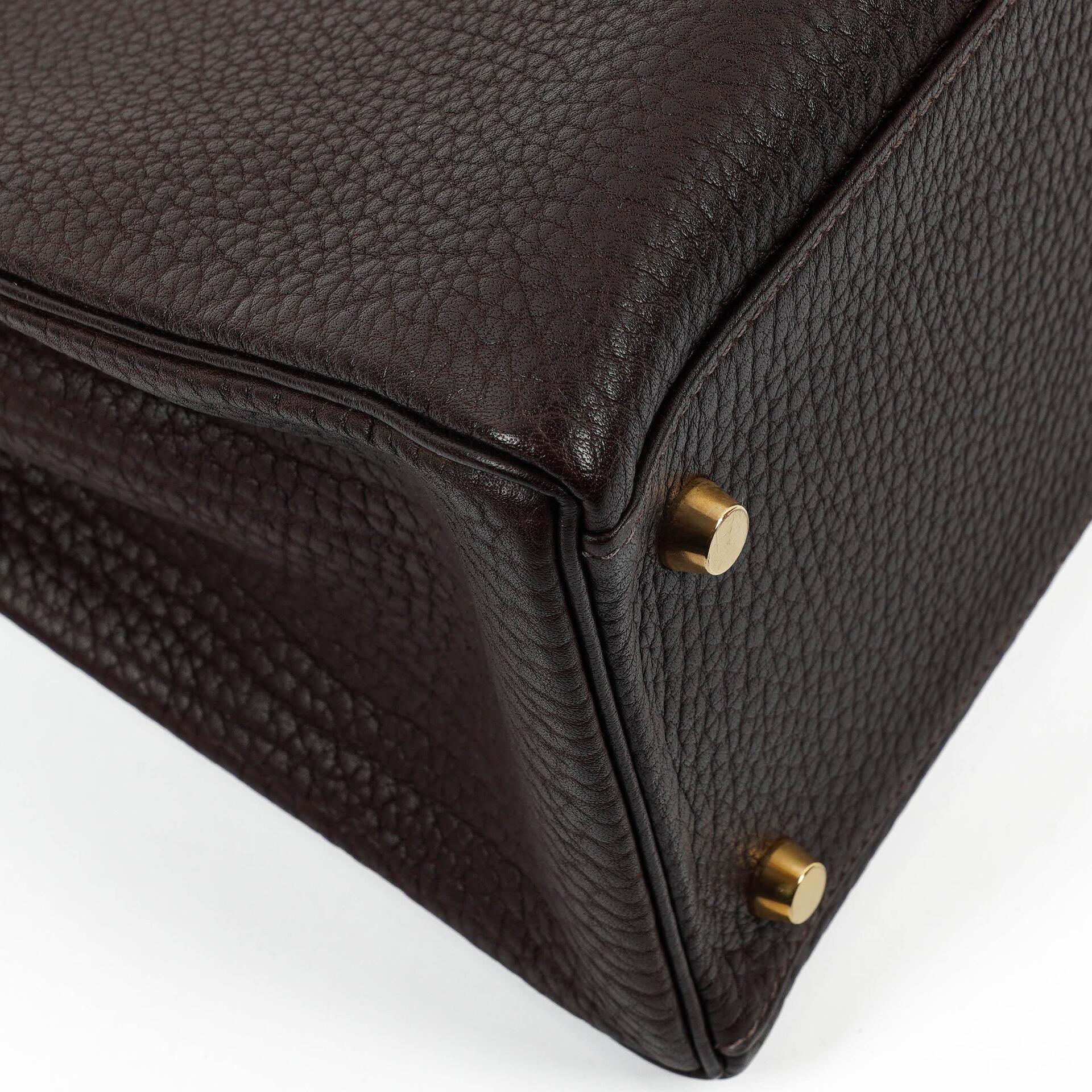 Hermès Kelly 35 Retourne Marron Fonce Fjord Leder mit Goldbeschlägen