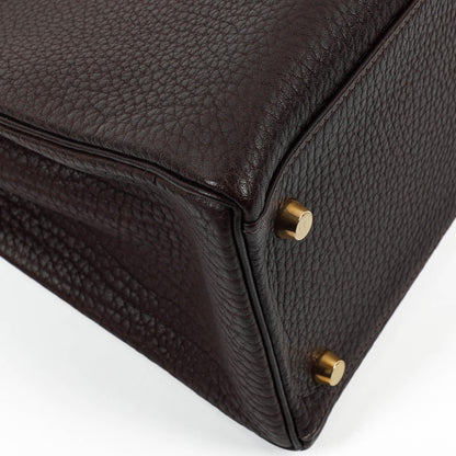 Hermès Kelly 35 Retourne Marron Fonce Fjord Leder mit Goldbeschlägen