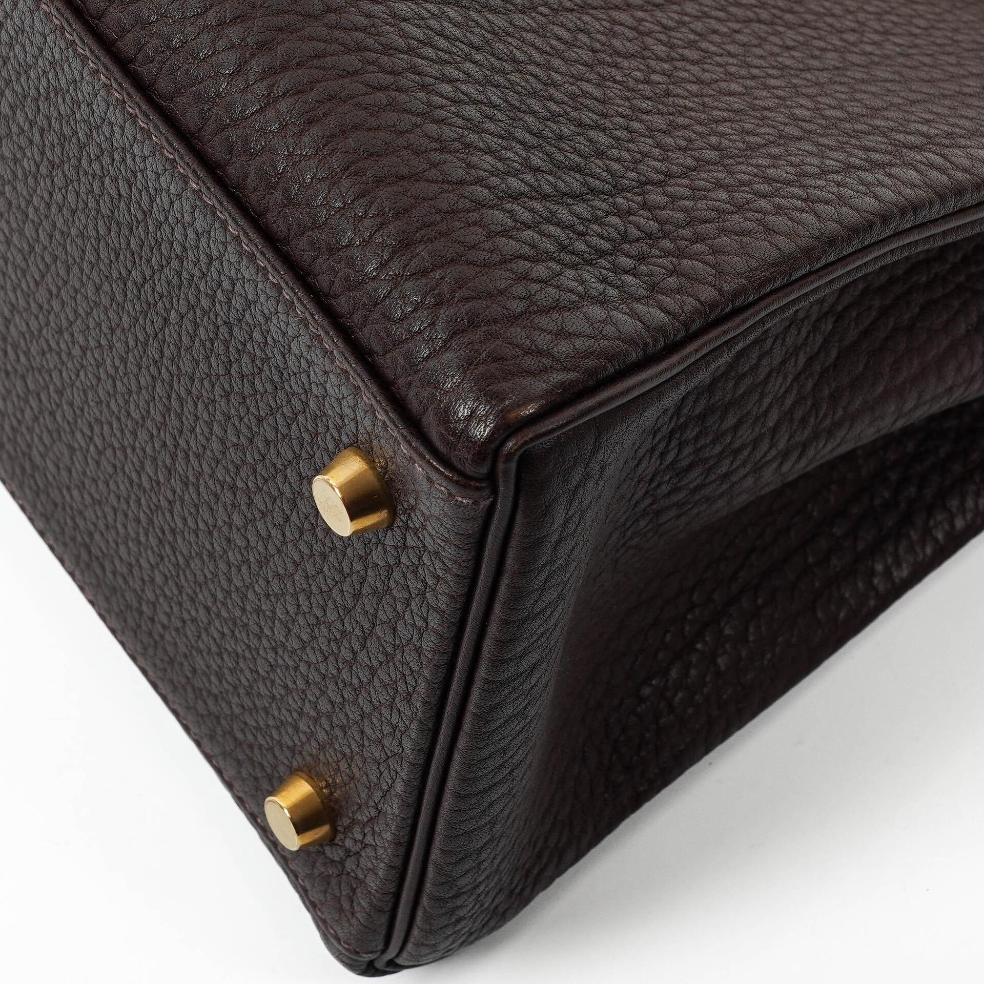 Hermès Kelly 35 Retourne Marron Fonce Fjord Leder mit Goldbeschlägen