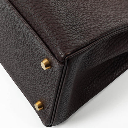 Hermès Kelly 35 Retourne Marron Fonce Fjord Leder mit Goldbeschlägen
