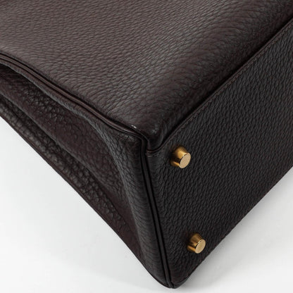 Hermès Kelly 35 Retourne Marron Fonce Fjord Leder mit Goldbeschlägen