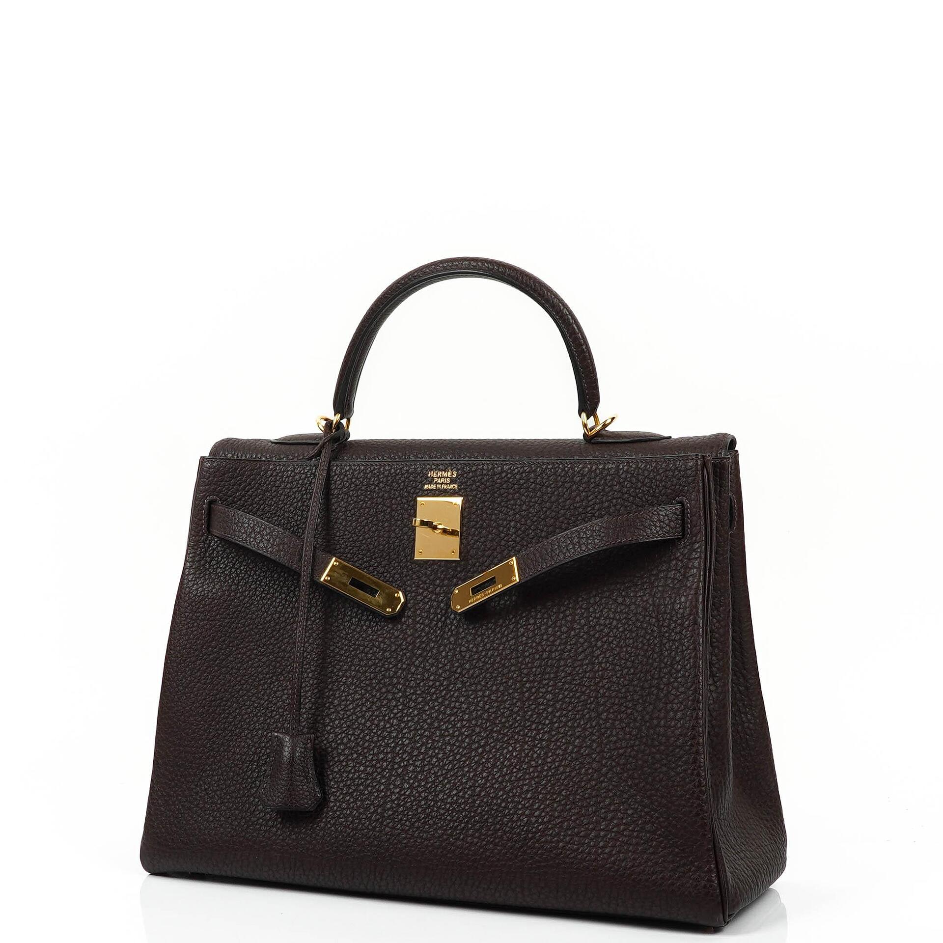 Hermès Kelly 35 Retourne Marron Fonce Fjord Leder mit Goldbeschlägen